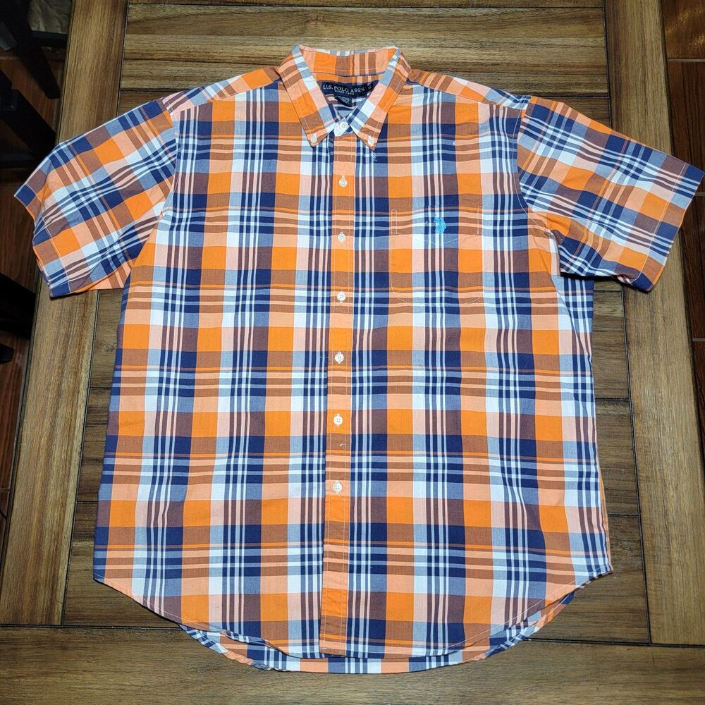 U.S. Polo Assn. SS Orange Plaid Button Up Shirt - Size XL